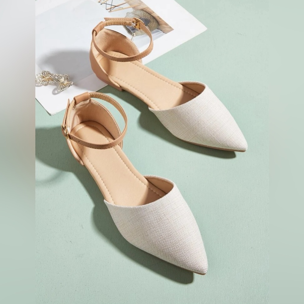 Minimalist Ankle Strap Flats,Lady's White Pointed Elegant Flat